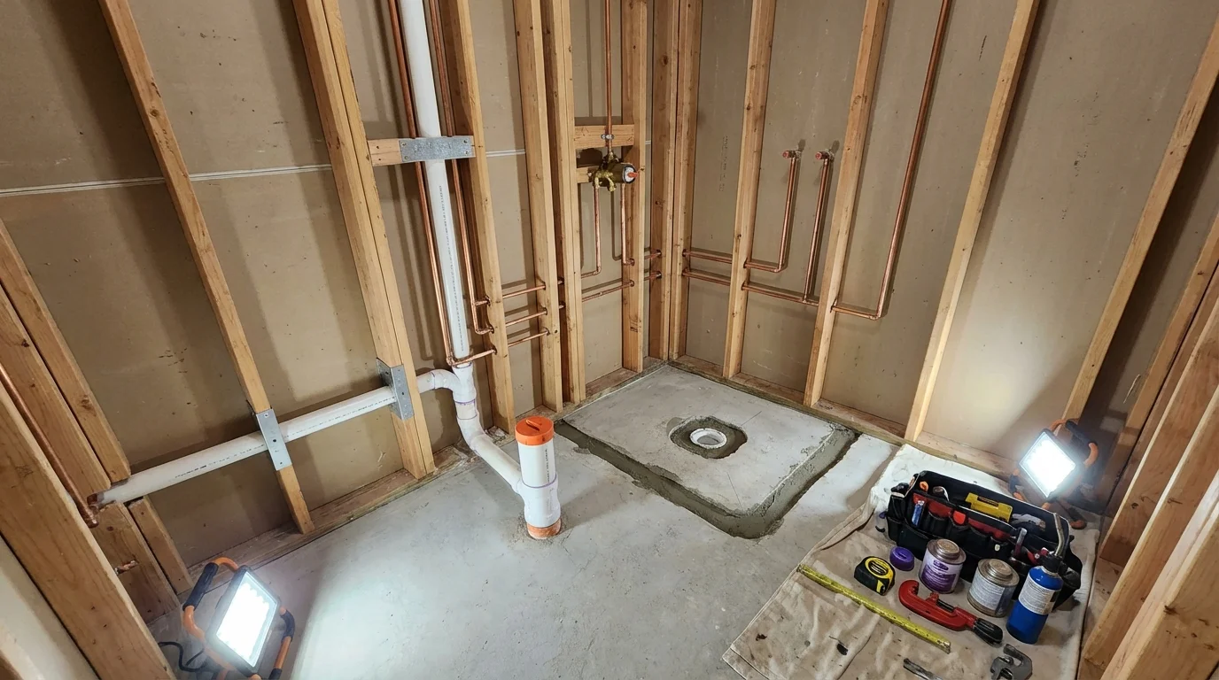 Bathroom rough-in plumbing during remodel by Johns Plumbing LLC in Shell Lake