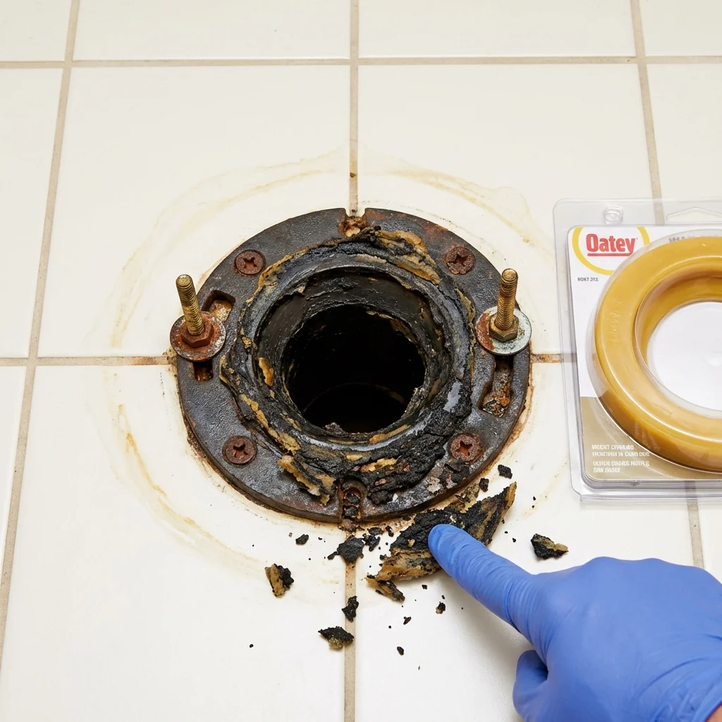 Failed wax ring showing water seepage at the base of a toilet in a Shell Lake, WI home