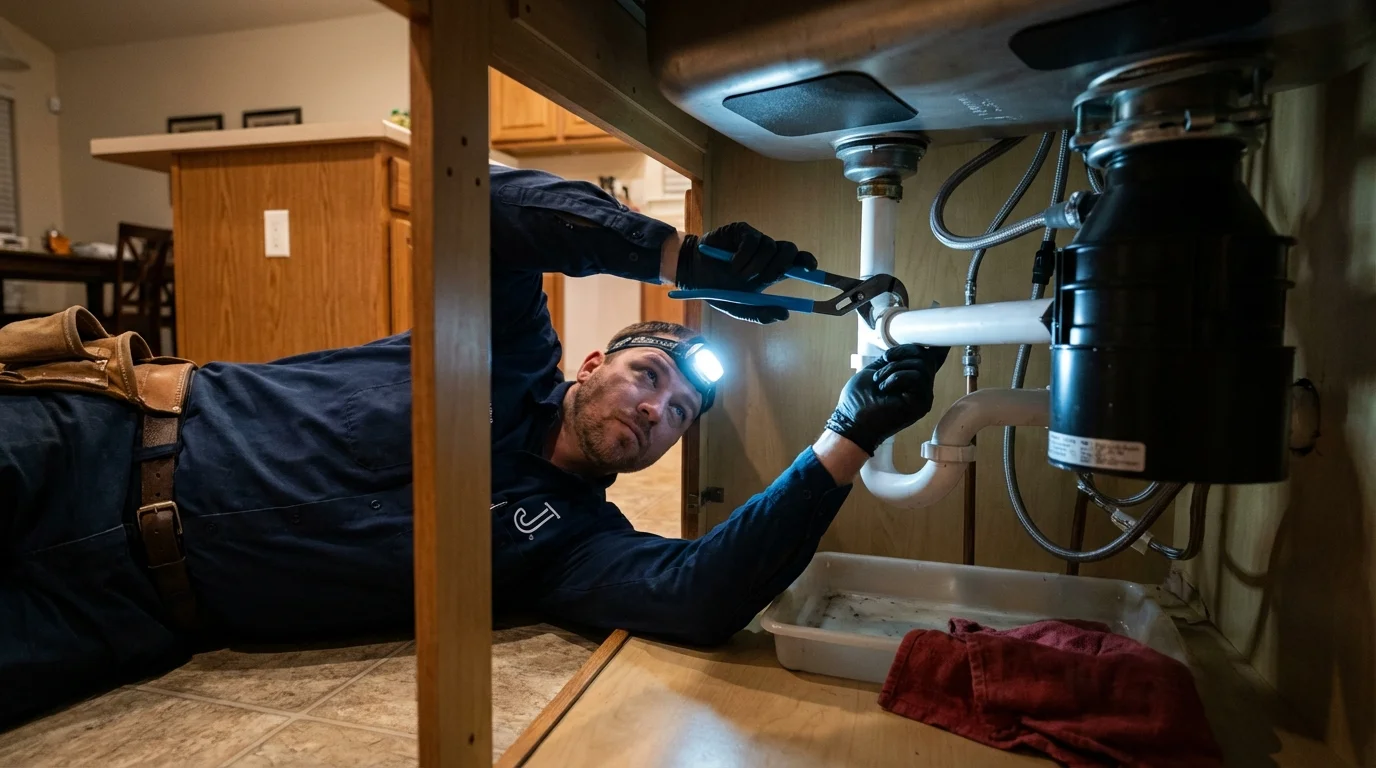 P-trap and supply line connections under a kitchen sink showing a common leak point in Shell Lake, WI